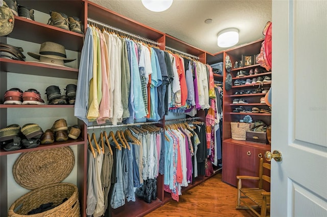 walk in closet with wood-type flooring