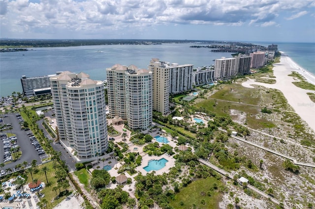 drone / aerial view featuring a water view