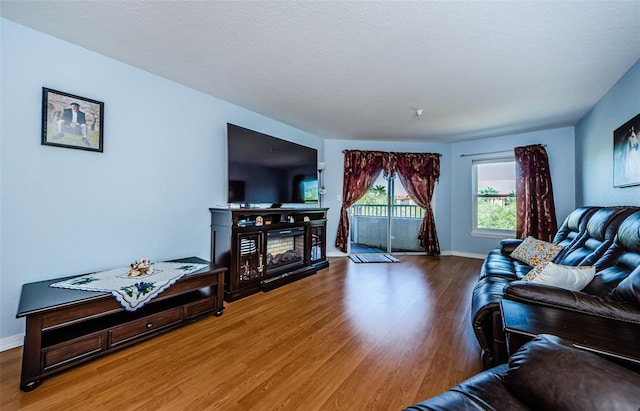 living room with wood-type flooring and a textured ceiling