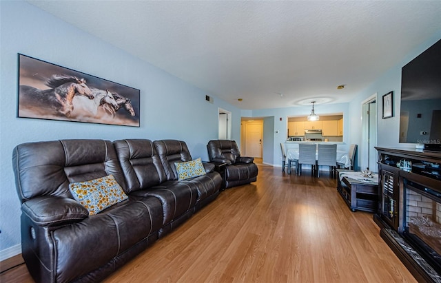 living room with a textured ceiling and light wood-type flooring