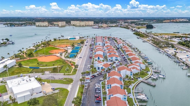 drone / aerial view with a water view