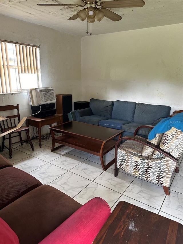 living room featuring a wall mounted AC and ceiling fan