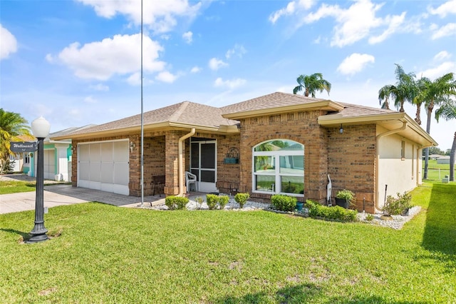 ranch-style home with a garage and a front lawn