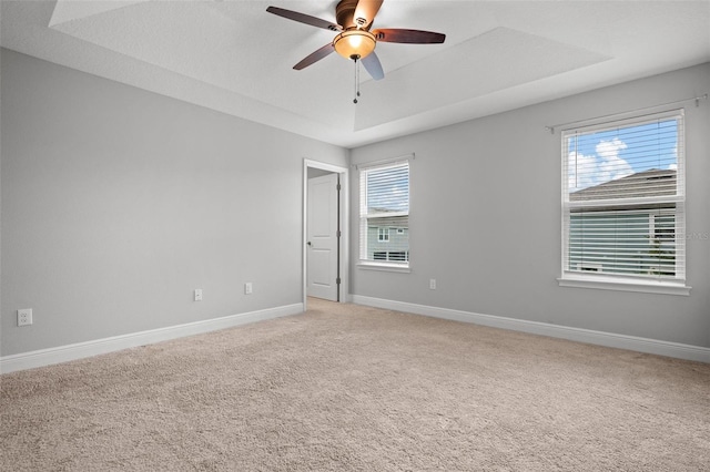 spare room featuring a raised ceiling, carpet flooring, plenty of natural light, and baseboards