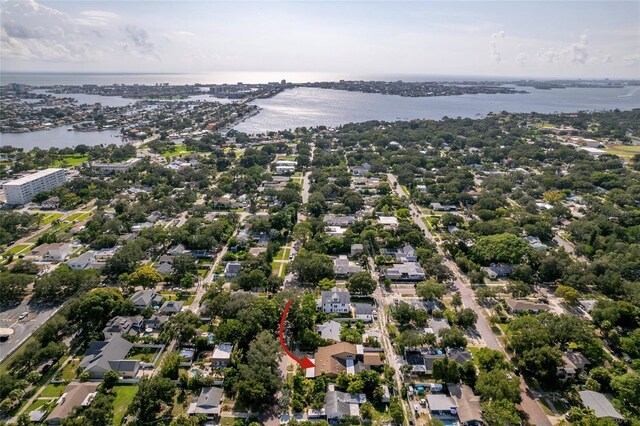 bird's eye view with a water view