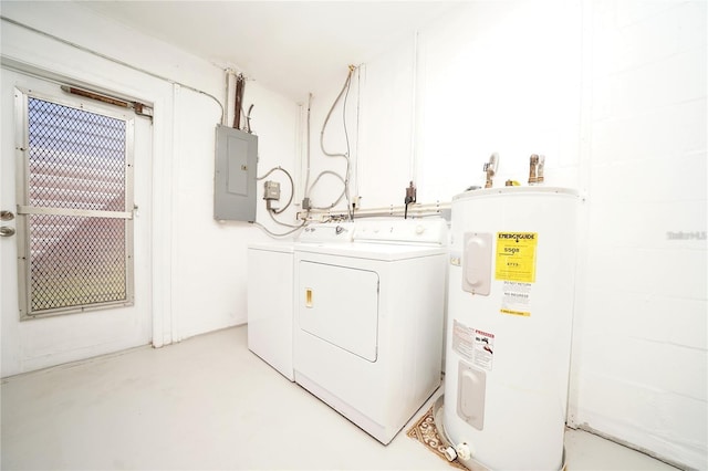 laundry room featuring independent washer and dryer, water heater, and electric panel