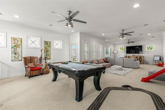 playroom featuring ornamental molding, ceiling fan, and billiards