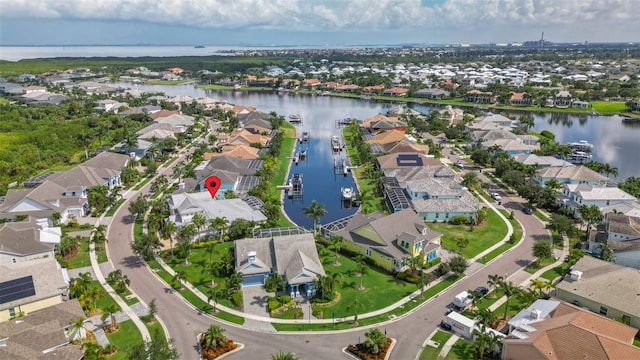 aerial view featuring a water view