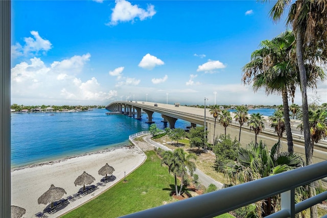 view of water feature with a beach view