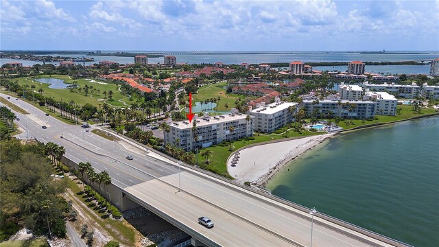 drone / aerial view featuring a water view