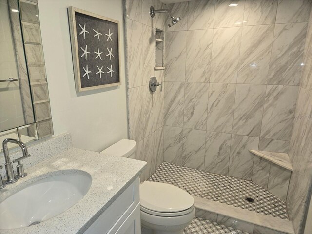 bathroom with vanity, a tile shower, and toilet