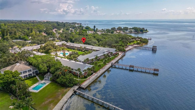 birds eye view of property featuring a water view