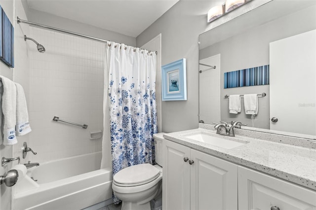 full bath with shower / bathtub combination with curtain, toilet, and vanity