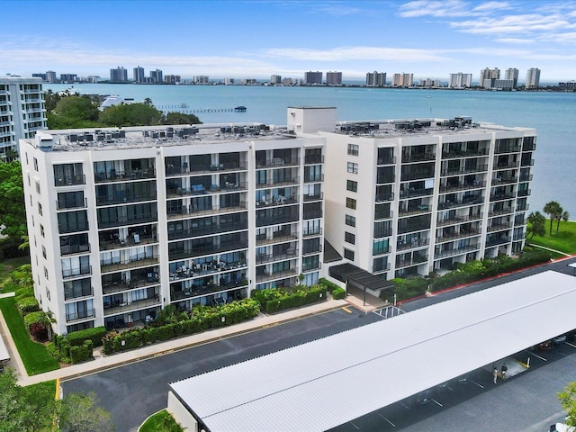 view of building exterior featuring a water view