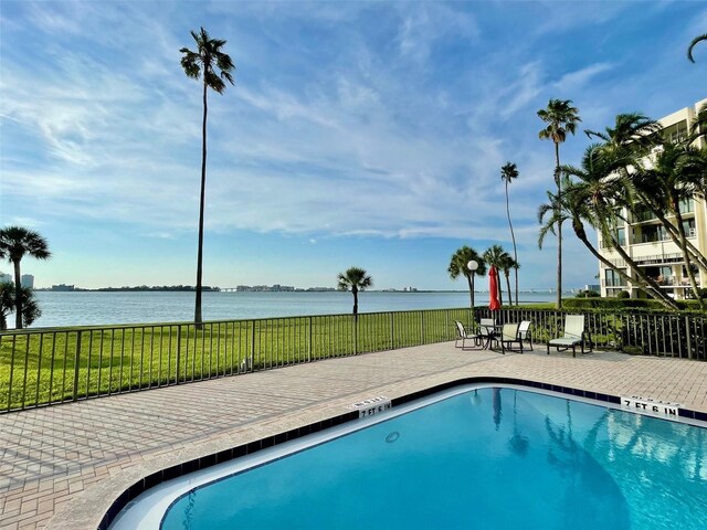 view of swimming pool with a water view and a patio area