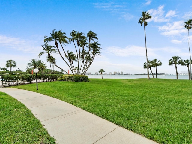 view of property's community featuring a water view and a yard