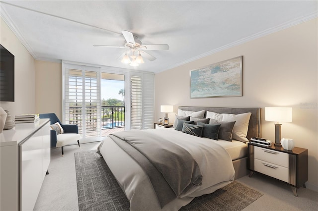 bedroom with access to exterior, ornamental molding, light colored carpet, and ceiling fan