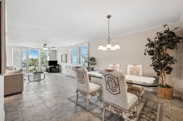 dining area with ornamental molding and ceiling fan with notable chandelier