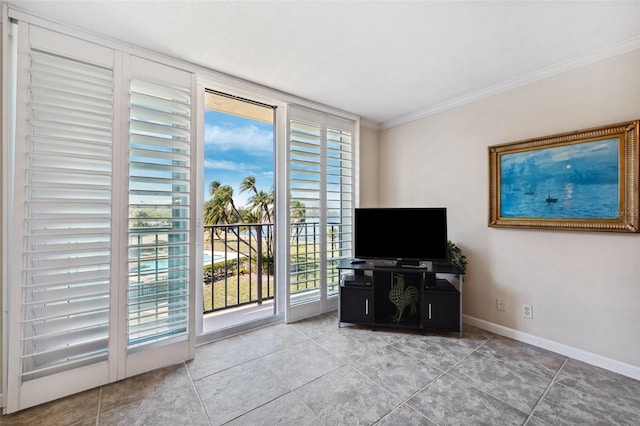 living room with crown molding