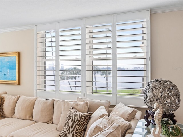 interior space with ornamental molding and a water view