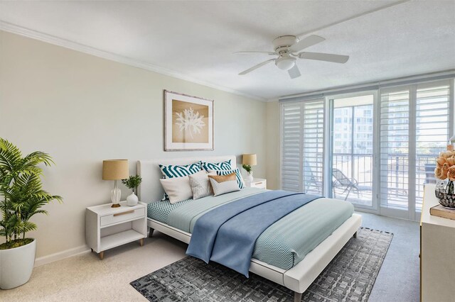 100 Oakmont Ln Unit 301, Belleair, FL 33756 - carpeted bedroom with access to outside, ornamental molding, baseboards, and ceiling fan