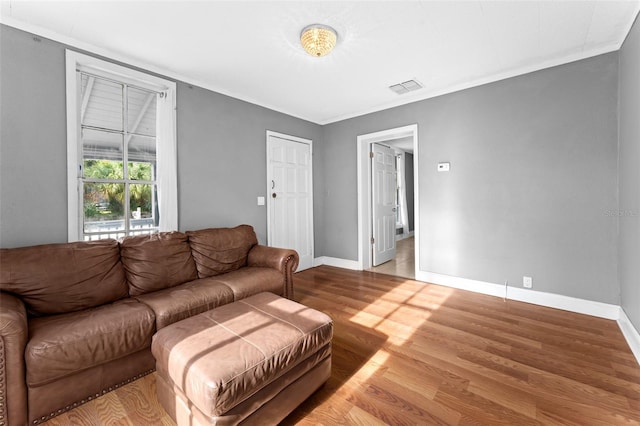 living room featuring crown molding and light wood-type flooring