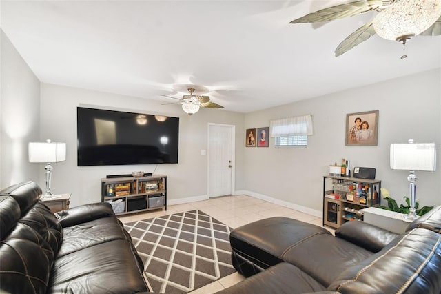 tiled living room featuring ceiling fan