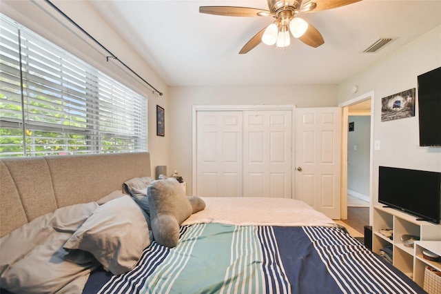 bedroom featuring ceiling fan and a closet