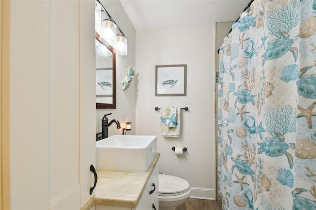 bathroom featuring vanity, wood-type flooring, and toilet