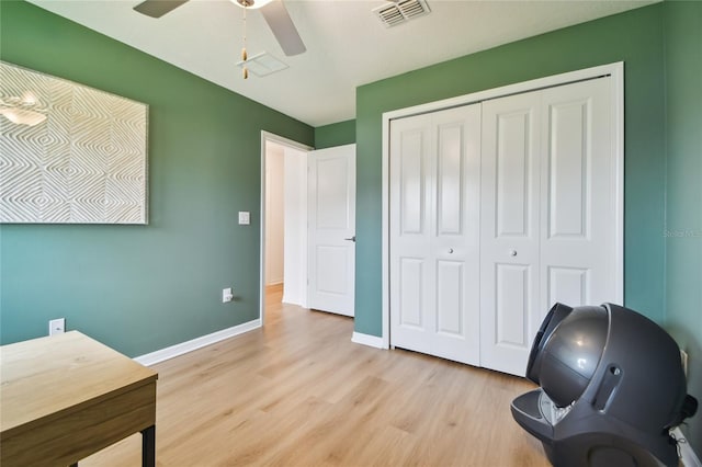 office area featuring ceiling fan and light hardwood / wood-style flooring