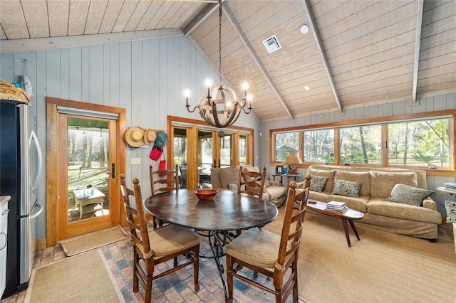 dining area with wooden ceiling, wooden walls, beam ceiling, and a notable chandelier