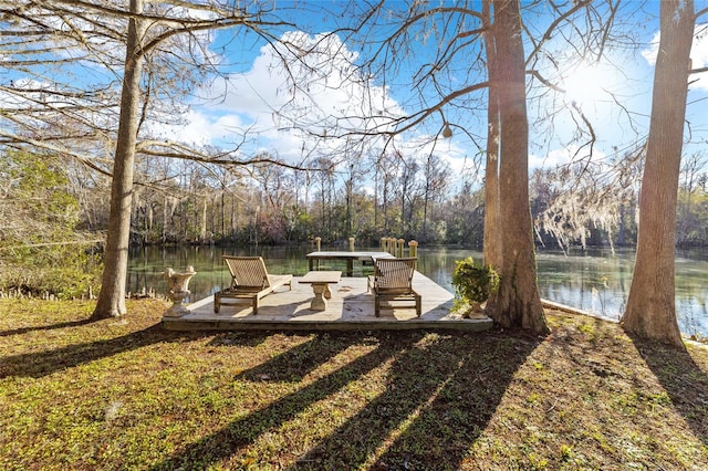 view of yard featuring a boat dock and a water view