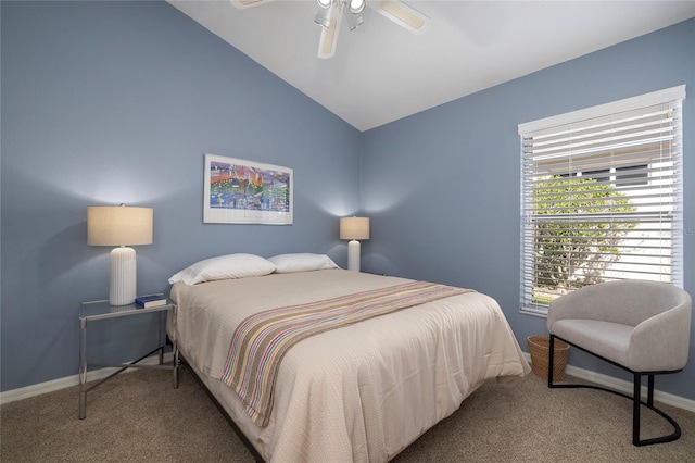 bedroom with vaulted ceiling, carpet, and ceiling fan