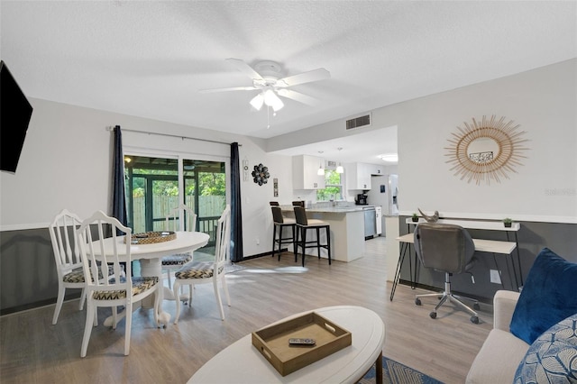 living room with ceiling fan, sink, light hardwood / wood-style floors, and a textured ceiling