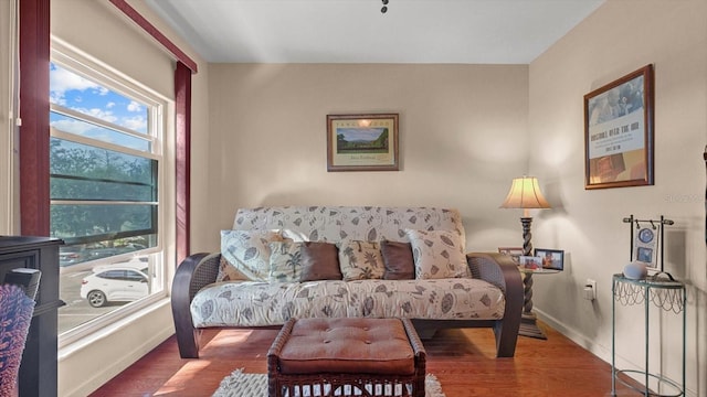 living area with baseboards and wood finished floors