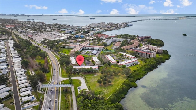 bird's eye view with a water view