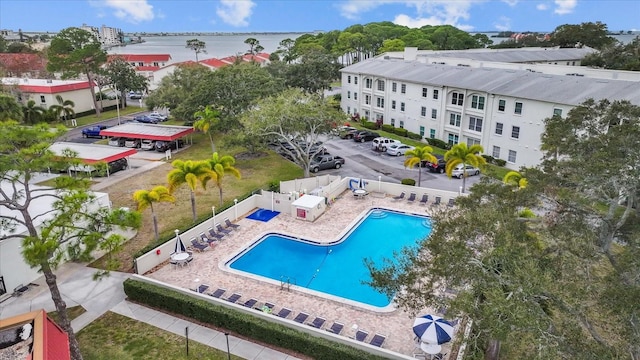 drone / aerial view featuring a water view