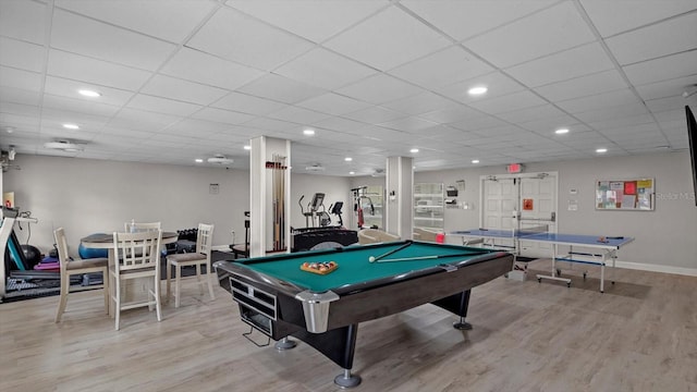 rec room featuring recessed lighting, pool table, wood finished floors, a drop ceiling, and baseboards