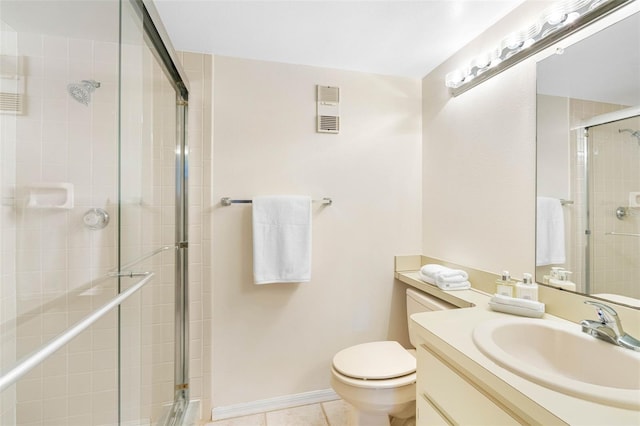 bathroom featuring visible vents, toilet, a stall shower, vanity, and tile patterned flooring