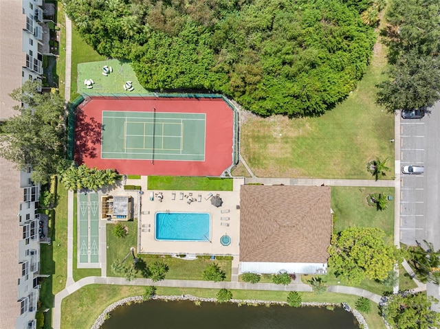 drone / aerial view featuring a water view