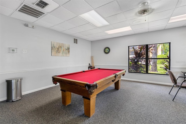 playroom featuring carpet, visible vents, and a drop ceiling