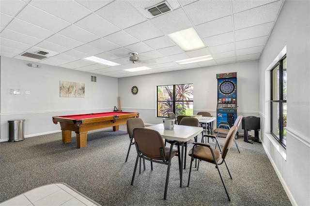 game room featuring carpet floors, a drop ceiling, visible vents, and baseboards