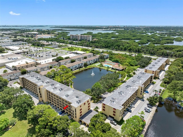 drone / aerial view featuring a water view