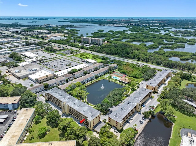 drone / aerial view with a water view