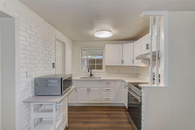 kitchen with under cabinet range hood, a sink, white cabinets, light countertops, and appliances with stainless steel finishes