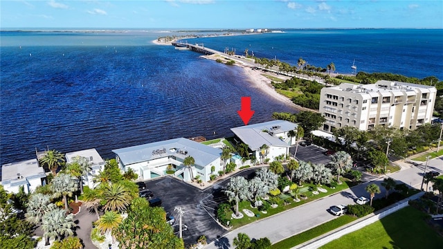 aerial view featuring a water view