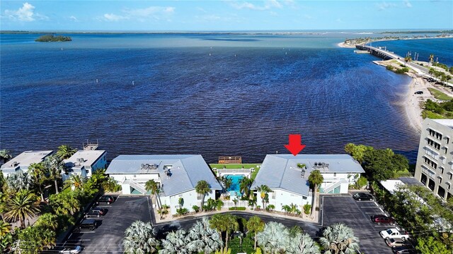 drone / aerial view featuring a water view