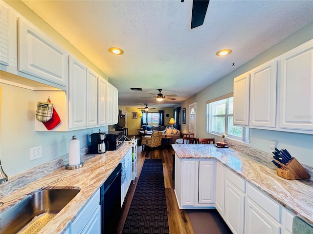 kitchen with open floor plan, a peninsula, white cabinetry, and black dishwasher