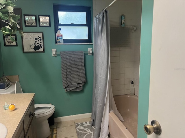 full bathroom featuring shower / bath combo, tile patterned flooring, vanity, and toilet