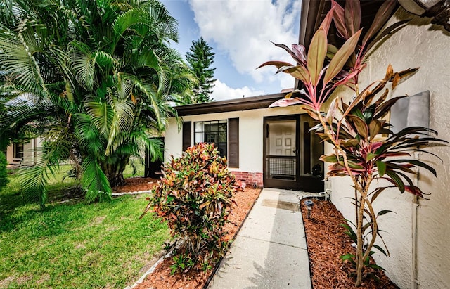 property entrance featuring stucco siding, brick siding, and a lawn